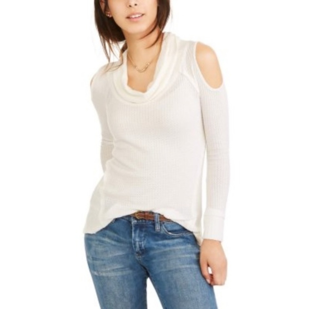 French Laundry rib cold shoulder top hi low hem M
